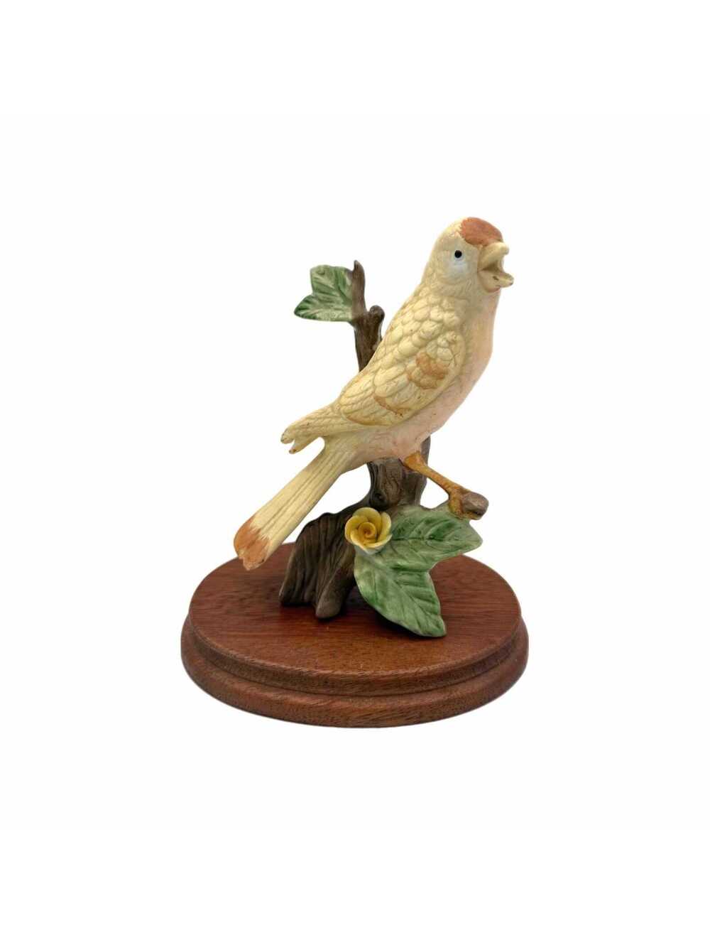 Vintage Hand-Painted Porcelain Bird Figurine on Round Wood Stand – Yellow Canary